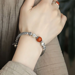 复古925银南红麦穗手链新中式 小众弯管铜钱福字珠经文高级感手镯