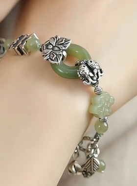 复古925银双鱼莲花扣头花苞手链