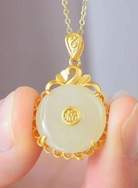 S925银天然玉羊脂玉平安扣吊坠女民族风银古法金饰品小福字款项链