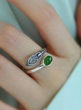 复古925银碧玉凤尾开口戒指女
