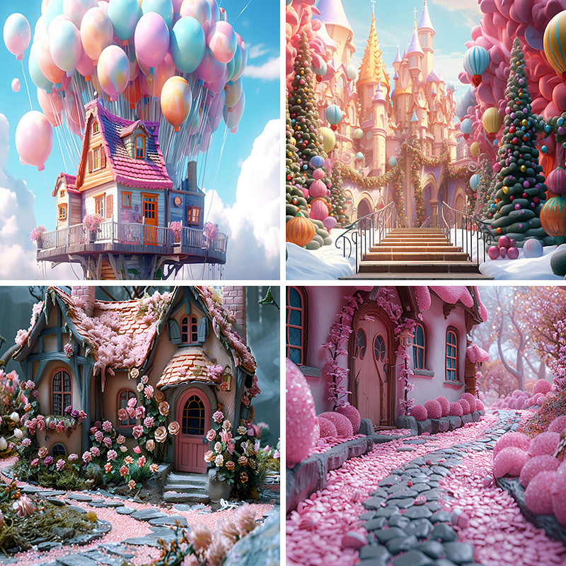 周岁森林童话粉色城堡儿童直播背景布3d立体背景墙壁纸壁画圣诞节日活动派对直播间场景布置高级感2024新款