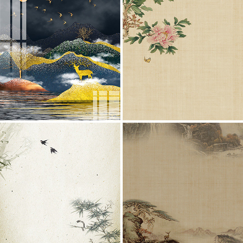 工笔画花鸟直播背景布古风全家福亲子照直播间背景墙3d立体壁纸壁画