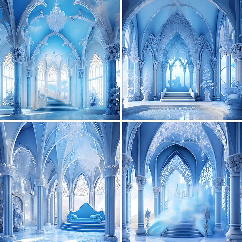 冰雪城堡雪奇缘爱莎公主直播背景布3d立体背景布户外儿童摄影背景墙喷绘高清背景纸童话世界宫殿教堂