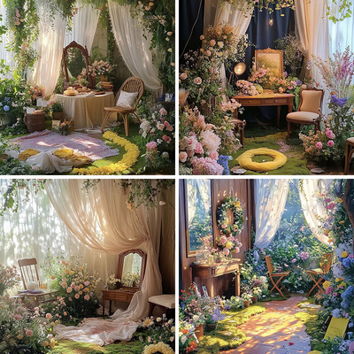 法式少女油画写真直播背景布3d立体背景墙拍照婚纱油画背景直播间场景布置高级莫奈花园拍照背景布风景画睡莲