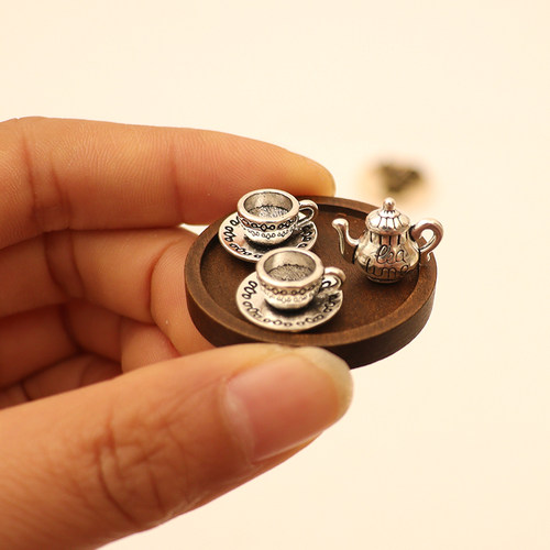 迷你仿真金属小茶壶杯茶具茶盘微缩模型娃娃屋厨房家具过家家摆件