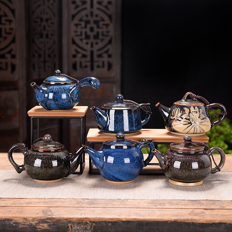 厂家直销纯手工大号窑变钧瓷侧把茶壶茶具套装复古陶瓷天目釉建盏