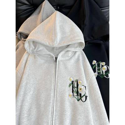 纯棉国潮重磅刺绣~卫衣女连帽情侣装春秋冬薄款美式拉炼开衫外套