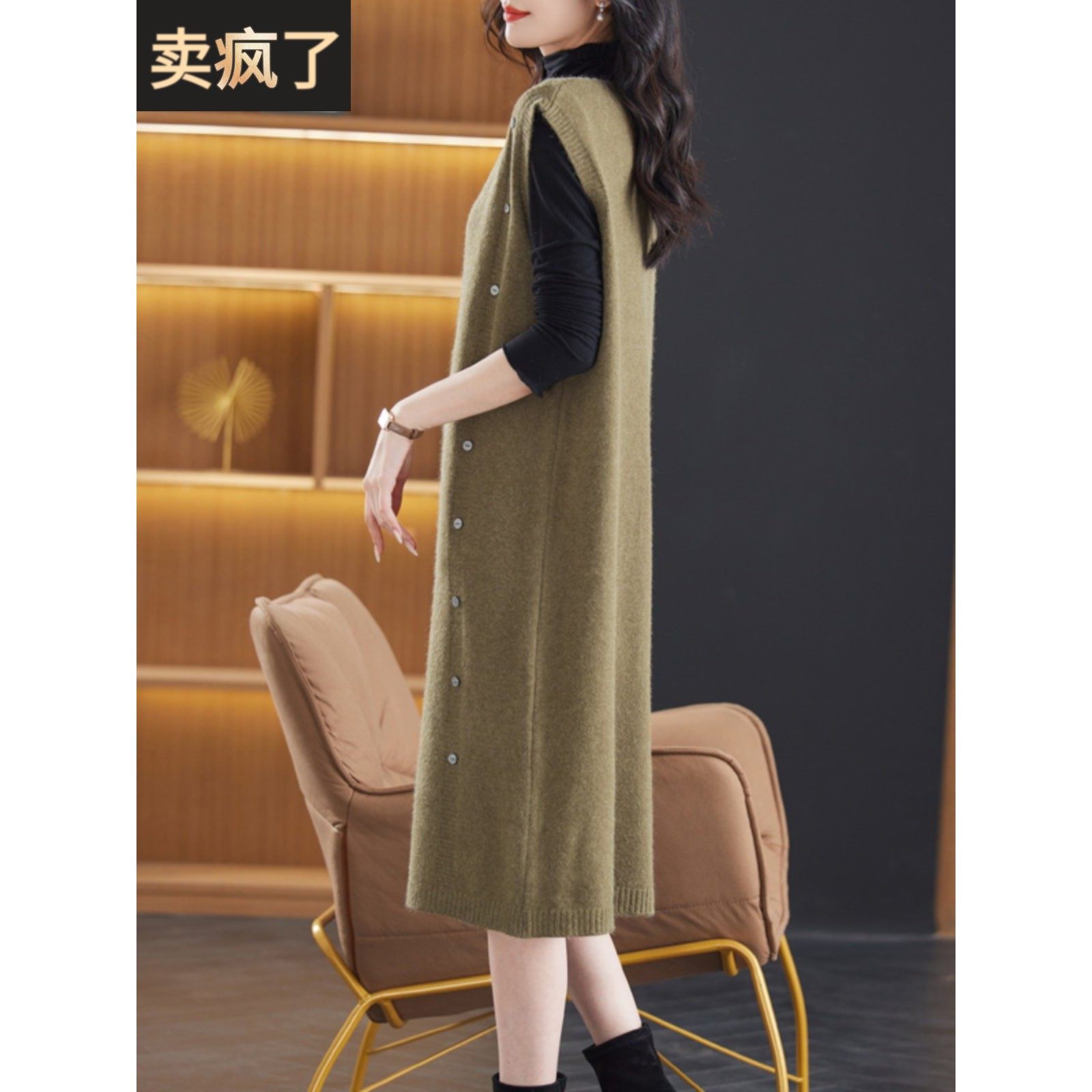 韩版中长款宽松马甲女v领针织连衣裙过膝无袖毛衣坎肩秋冬背心裙