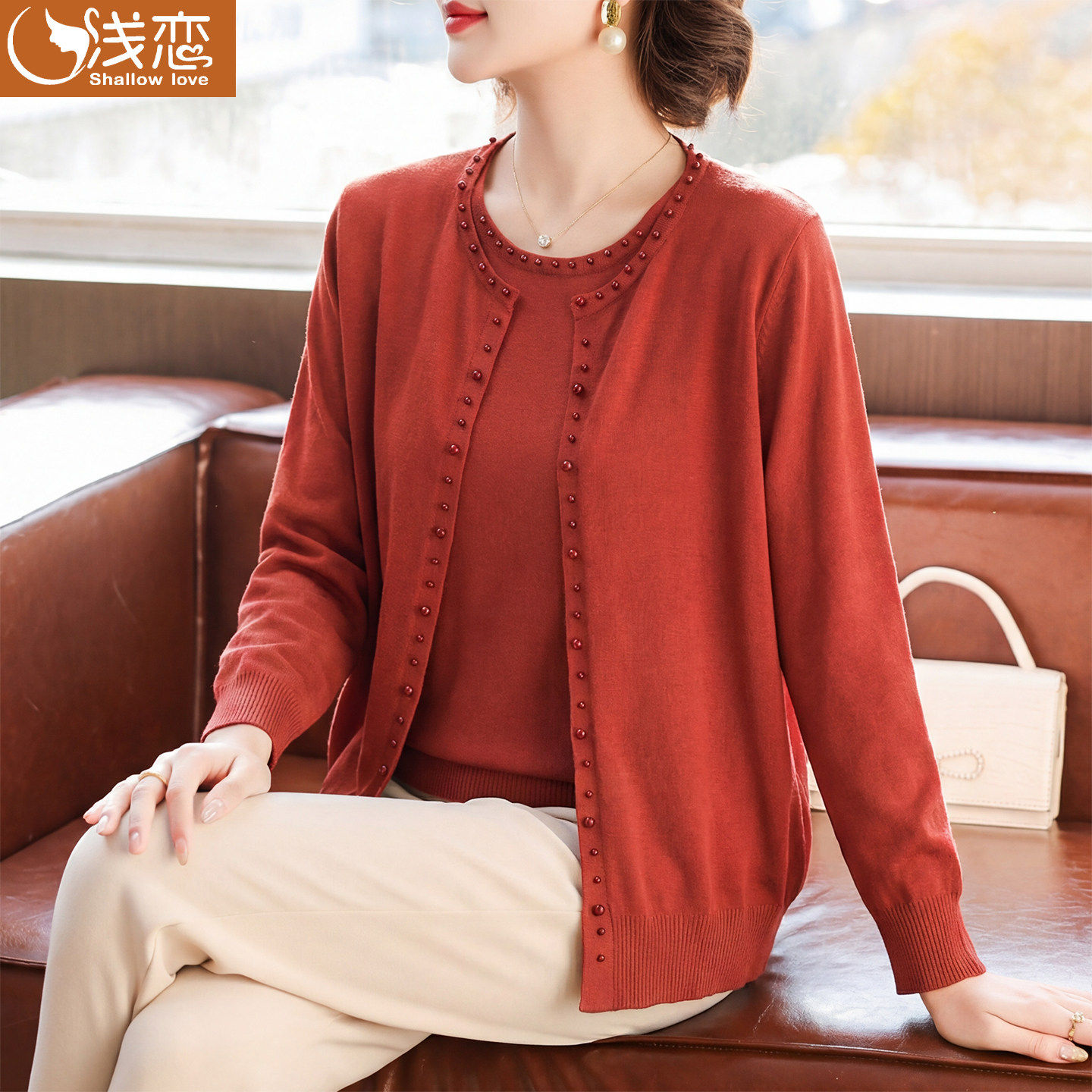 妈妈时尚针织两件式上衣中年女装春秋装打底衫中老年钉珠红色外套