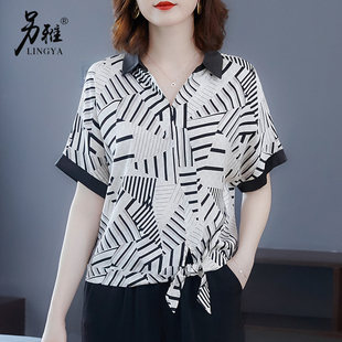 年轻妈妈夏装时尚宽松短袖衬衫上衣中年女士洋气条纹T恤雪纺小衫