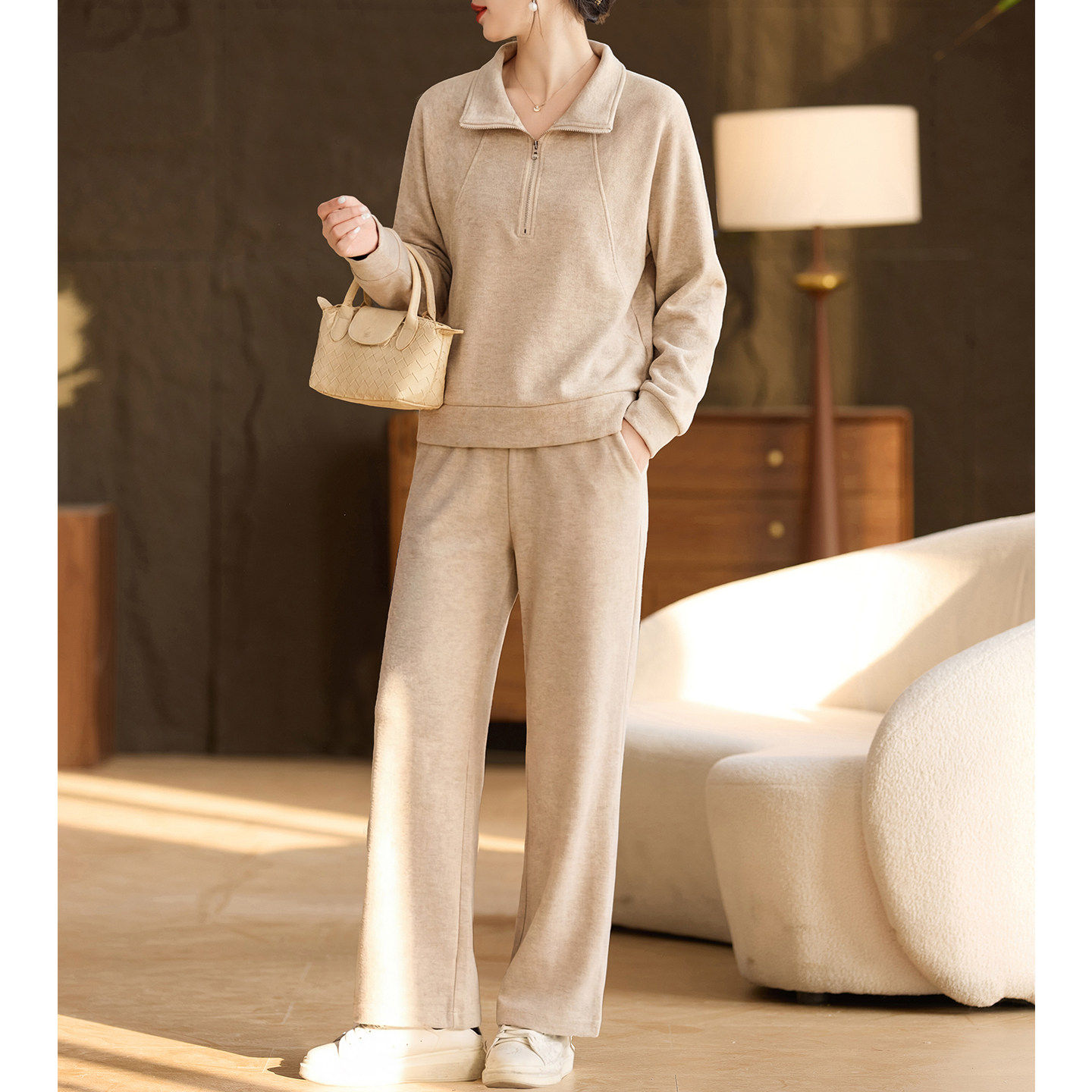 喜卉妈妈春装休闲运动服套装中老年女装半拉炼卫衣长裤两件套时尚