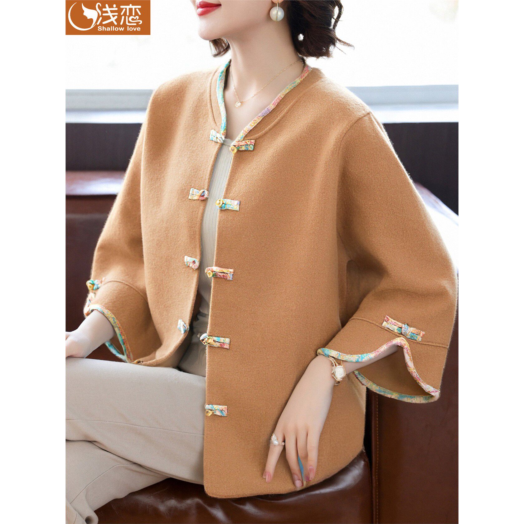 妈妈春秋装针织开衫中年女装洋气薄款上衣中老年国风高贵毛呢外套