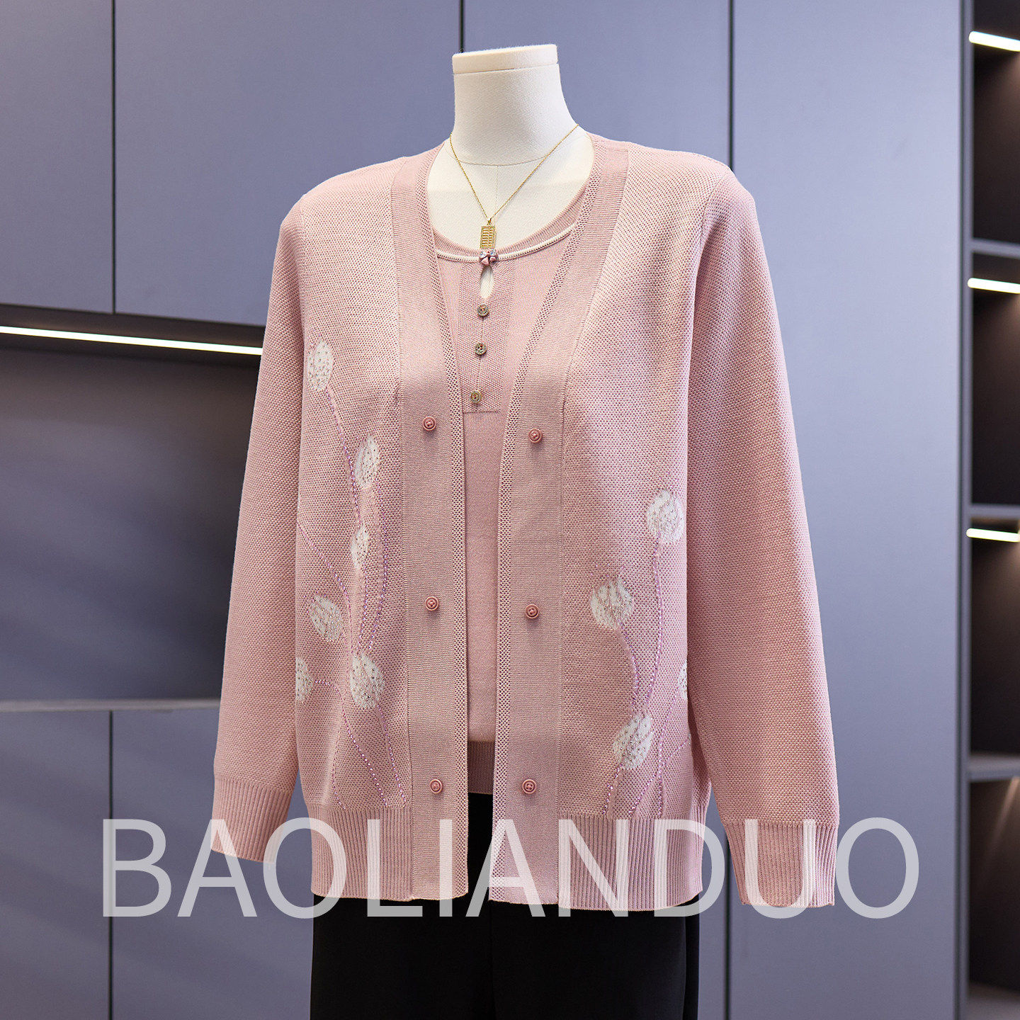 洋气妈妈春装针织两件套中年女装新款中老年春秋薄款上衣开衫套装