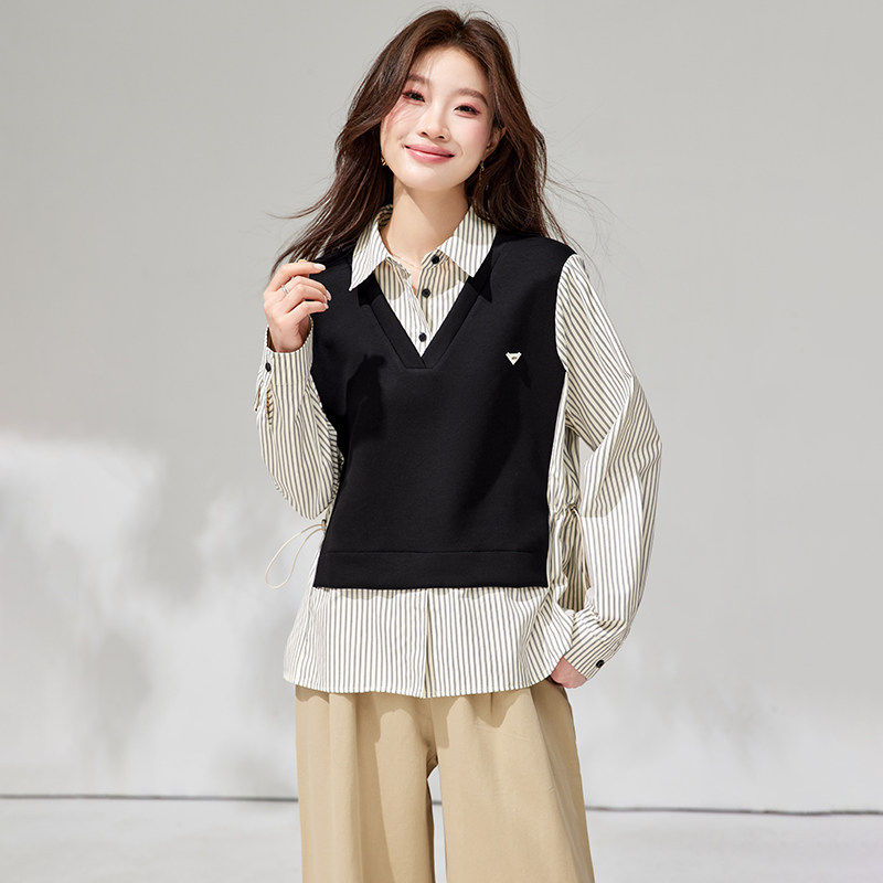 翻领条纹拼接假两件衬衫上衣2026春秋新款黑色时尚百搭收腰上衣女