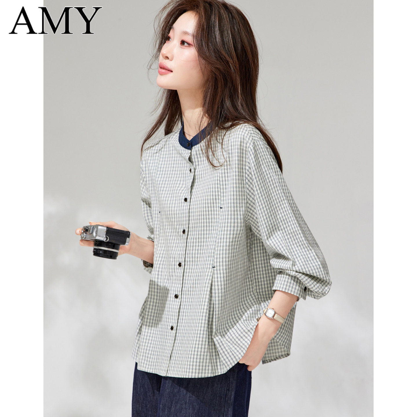 2026春装新款纯棉减龄文艺格子小个子衬衫宽松遮肚子小衫上衣女装