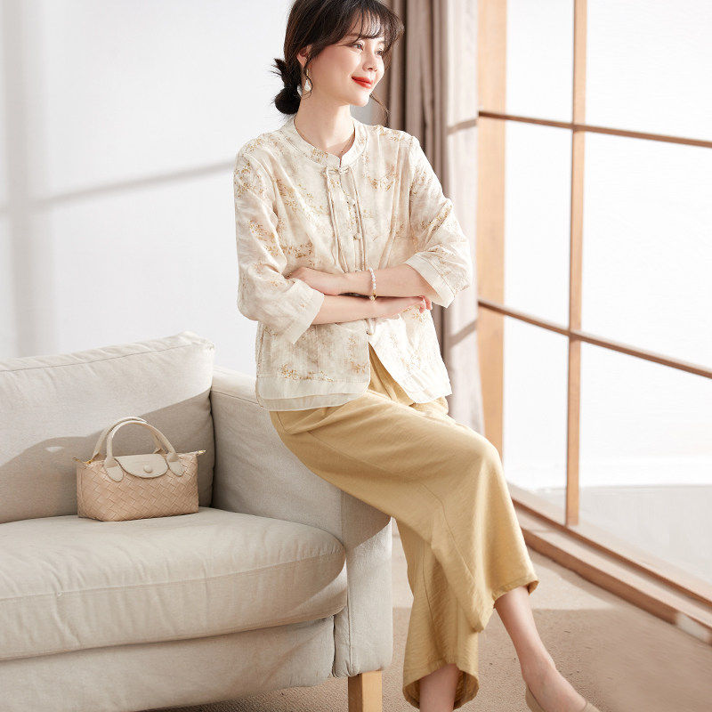 喜卉妈妈春装国风衬衫两件套时尚洋气上衣服中老年女夏季休闲套装