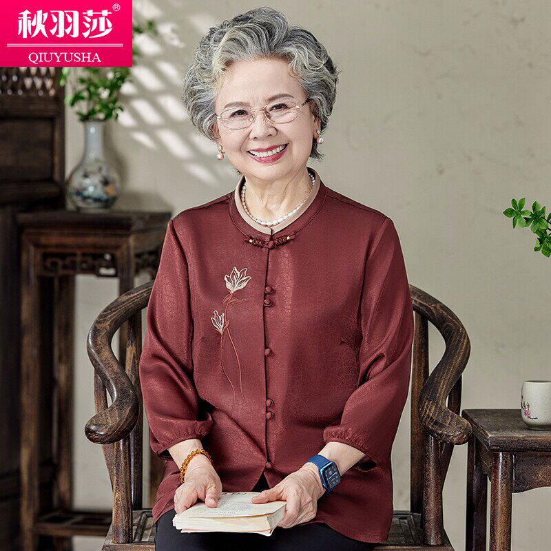 中老年人女装妈妈夏装新款衬衫老人上衣新中式奶奶装小衬衫衣绣花