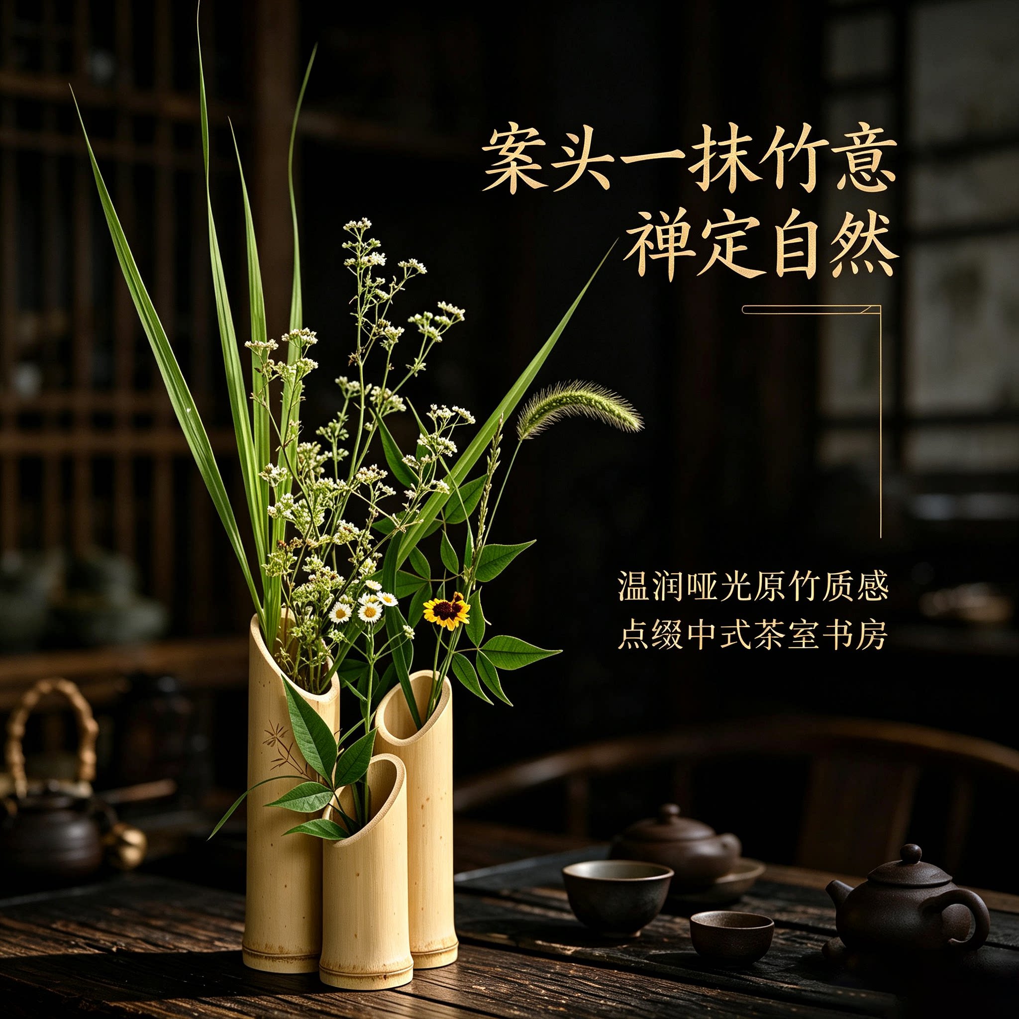 中式禅意竹筒花瓶摆件