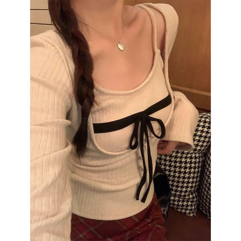 纯欲风方领蝴蝶结针织打底衫女春装性感辣妹气质内搭别致绝美上衣
