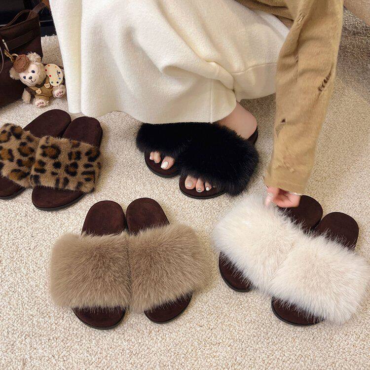 豹纹女鞋拖鞋爆款一字拖秋冬新款2025女百搭毛毛厚底