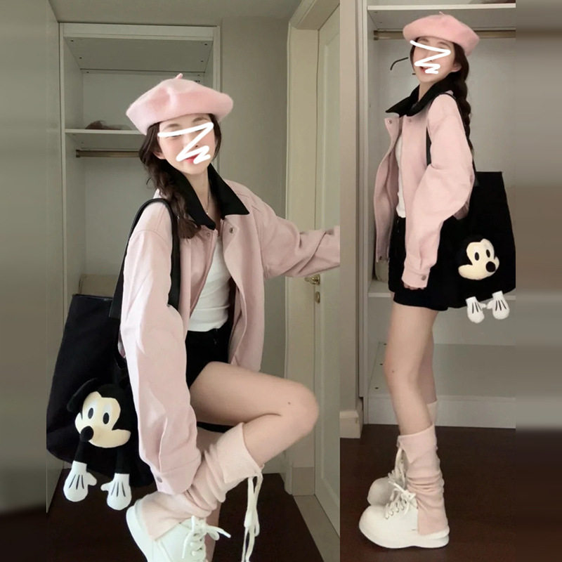 美式复古粉色棒球服外套女装春秋季2024早秋新款宽松休闲夹克上衣