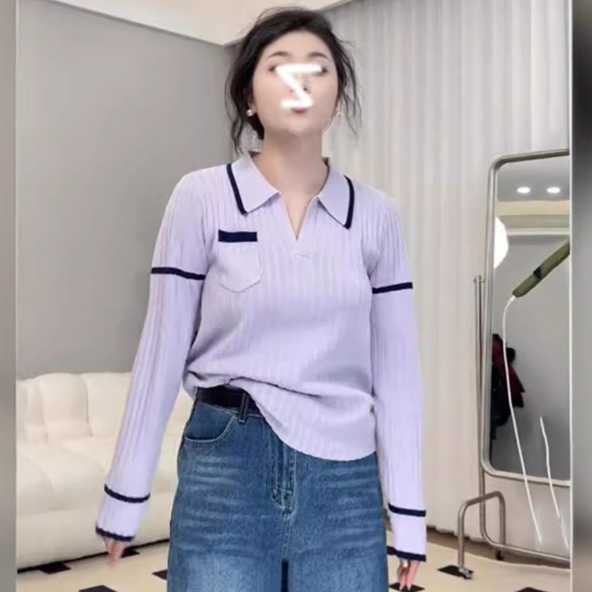 网红大码polo翻领长袖针织衫女春胖mm遮肉显瘦气质小衫百搭上衣潮