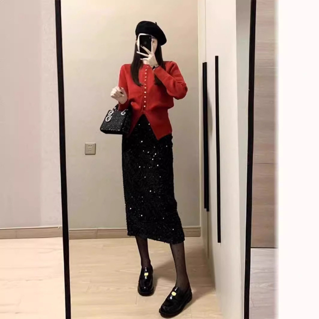 黑色亮片半身裙女小个子春秋季包臀长裙高腰丝绒a字裙亮闪闪半裙