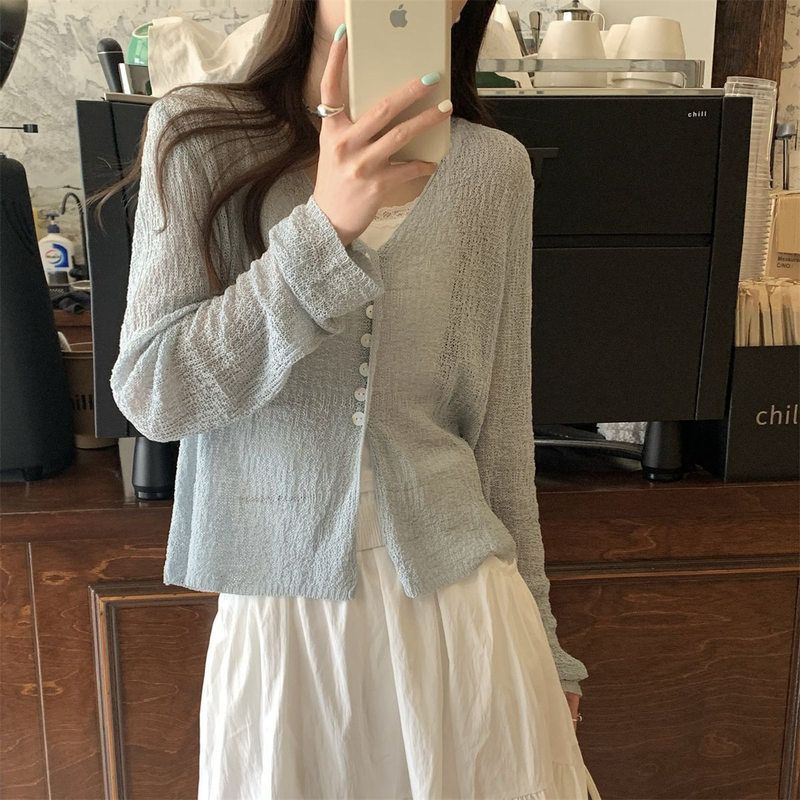 冰丝薄款防晒针织开衫女长袖外搭配吊带裙子披肩宽松空调衫上衣夏