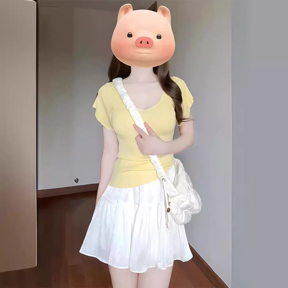 裙子夏季女2024新款女装时髦时尚洋气上衣短裙子茶系穿搭一整套装