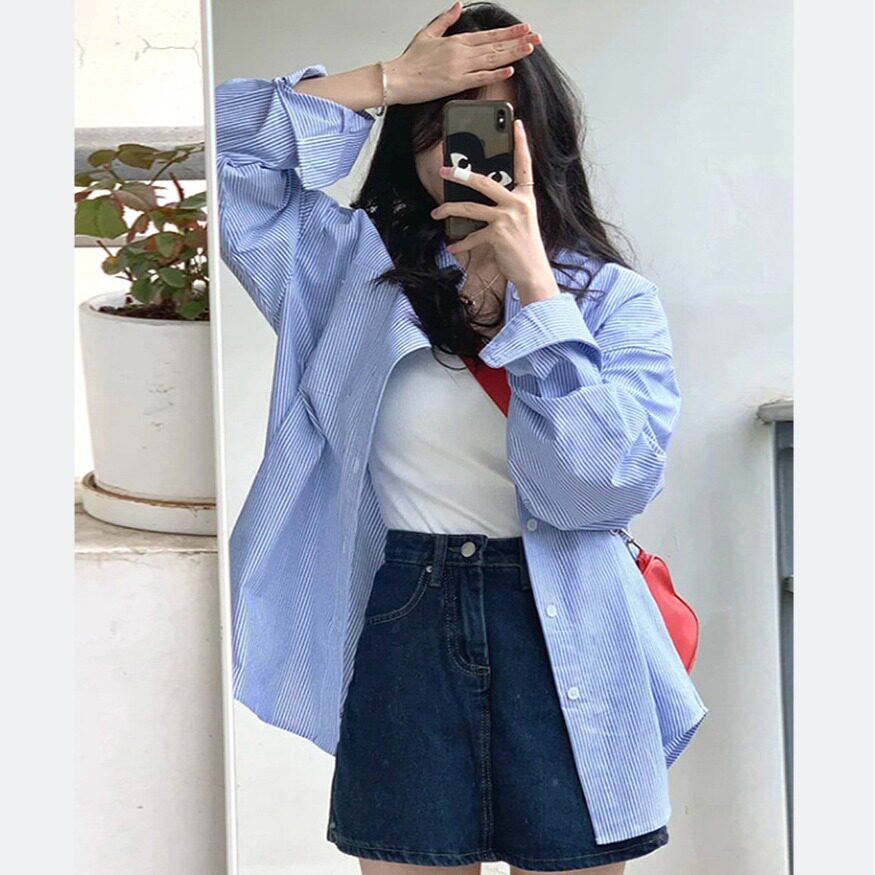 法式高级感蓝色条纹春日衬衫上衣女2024年早春新款衬衣防晒衫外套
