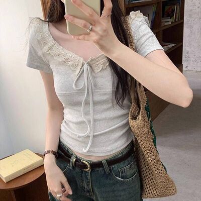 蕾丝边短袖T恤女夏季2025新款修身独特超好看短款漂亮绝美小上衣