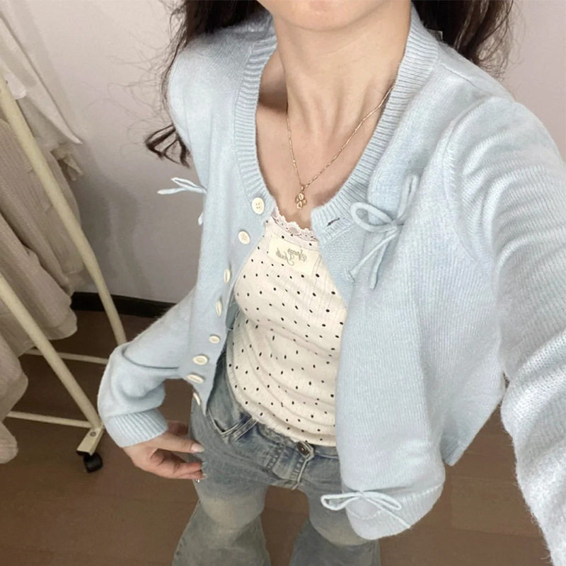 韩系早秋装奶蓝色针织衫上衣女春秋季2024新款软糯蝴蝶结毛衣外套