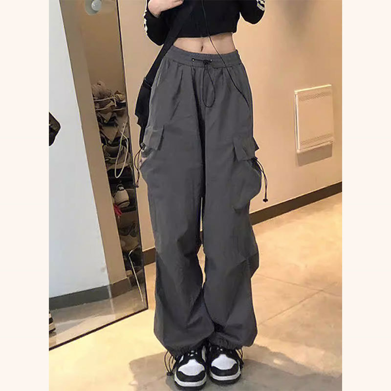 美式复古嘻哈直筒抽绳工装裤女高腰显瘦多口袋束脚运动休闲阔腿裤