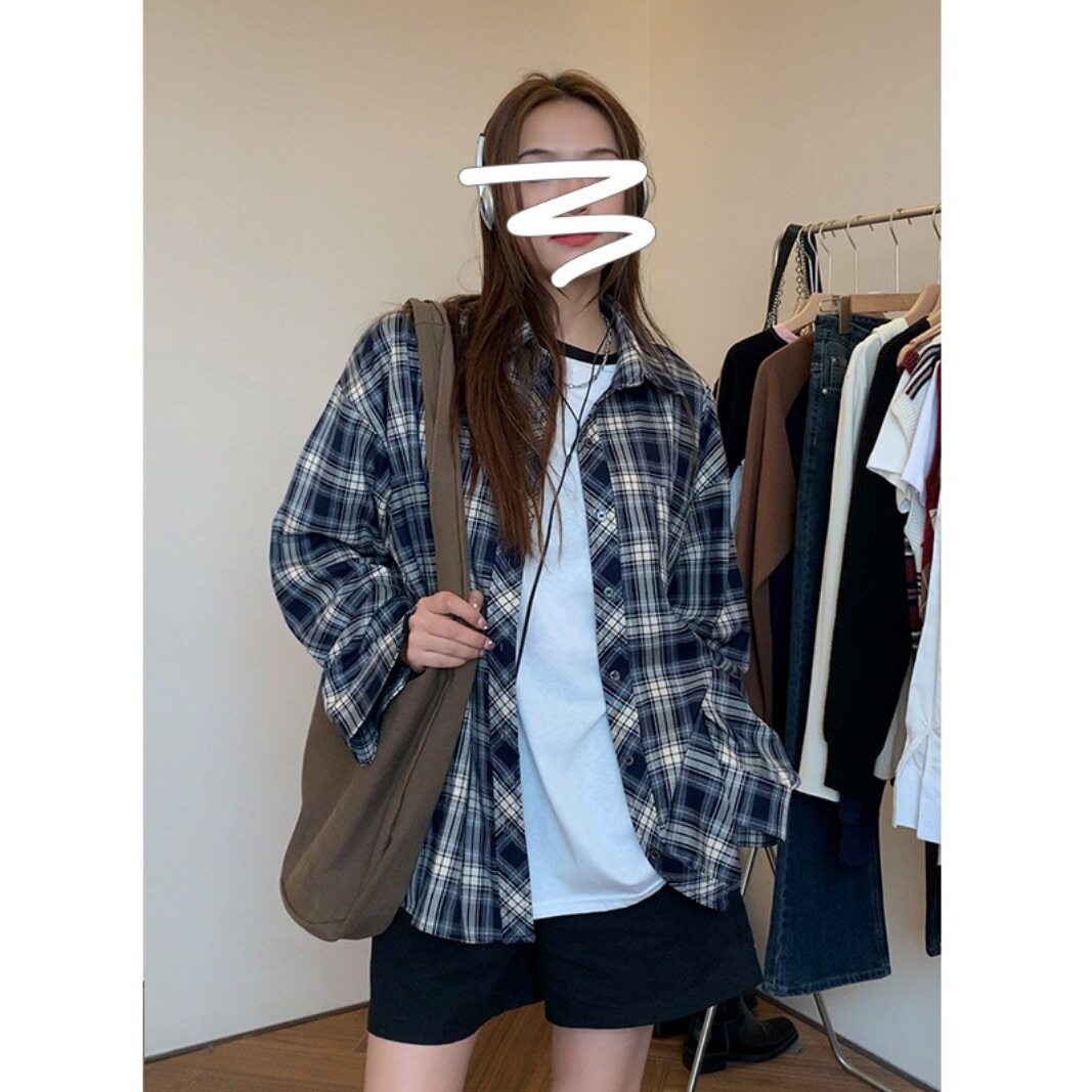 小个子polo领长袖格子衬衫女夏季美式街头宽松bf风高级感防晒外套
