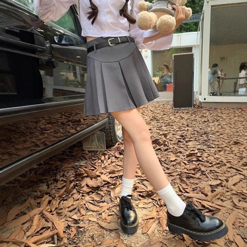 灰色百褶裙女高腰带腰带学院风短款显瘦a字西装料高级感半身裙子