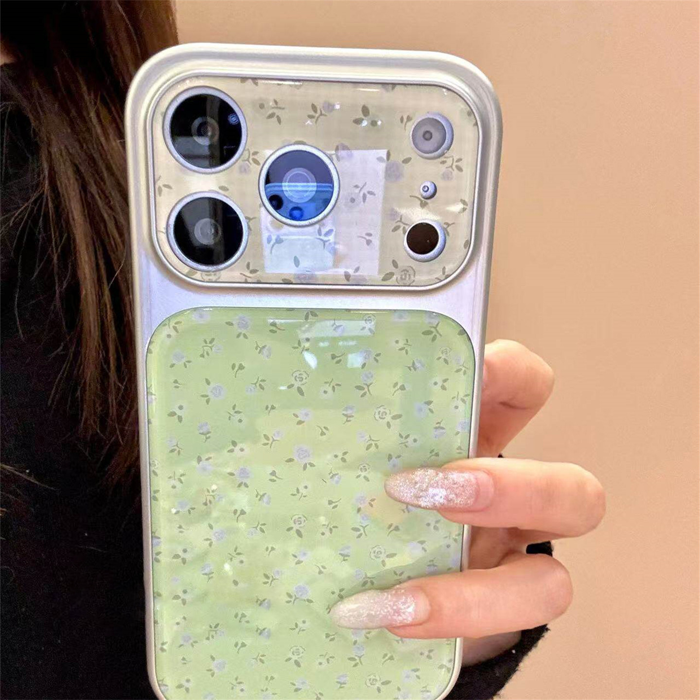适用春日ins小清新绿底蓝碎花适用苹果17手机壳iphone16promax电镀亚克力15新款14秒变17保护套17pro超好看