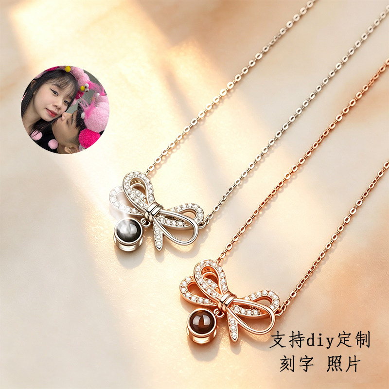 925银蝴蝶结投影项链女轻奢微镶