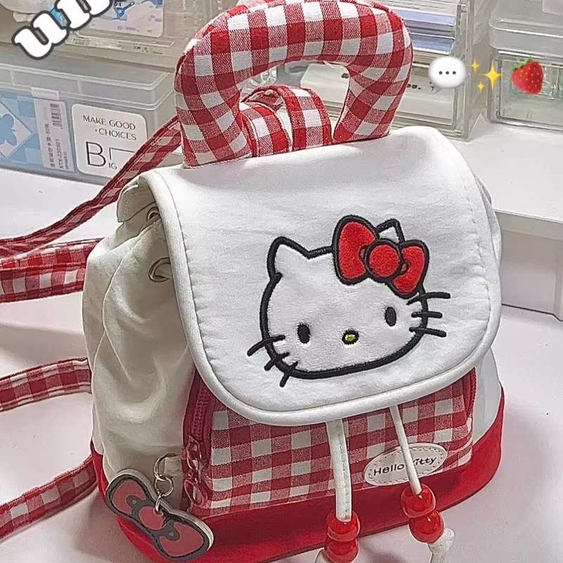 hellokitty双肩包红色格子小背包女学生抽绳外出轻便背包迷你书包