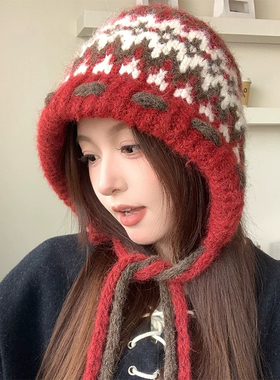 费尔岛风复古提花帽子女显脸小针织帽冬季新款保暖防寒护耳套头帽