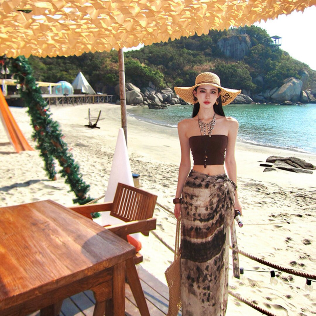 海岛慵懒度假风套装女辣妹短款抹胸背心不规则印花半身长裙两件套