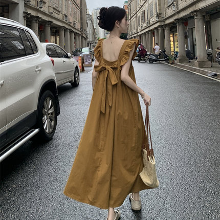 温柔风系带蝴蝶结连衣裙女夏季甜美小飞袖气质收腰显瘦A字长裙子