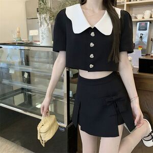 高腰裙裤云朵娃娃领女西装两件套