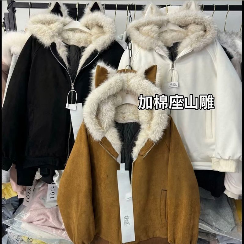 美式复古毛茸茸连帽派克服棉衣潮