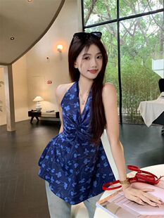 法式蓝色碎花挂脖泰式吊带背心女夏季无袖外穿设计感纯欲辣妹上衣