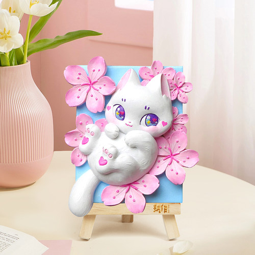 玩作diy猫戏樱花浮雕数字油画