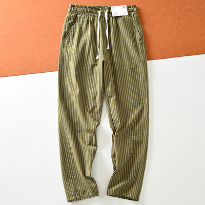 外贸男装松紧腰条纹直筒休闲裤