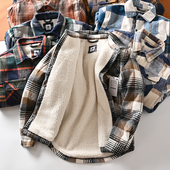 出西班牙外贸秋冬翻领宽松加绒加厚格子磨毛仿羊羔绒外套男小棉衣