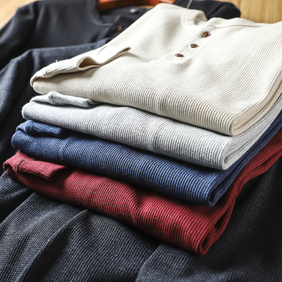 美式休闲华夫格面料纯色长袖t恤