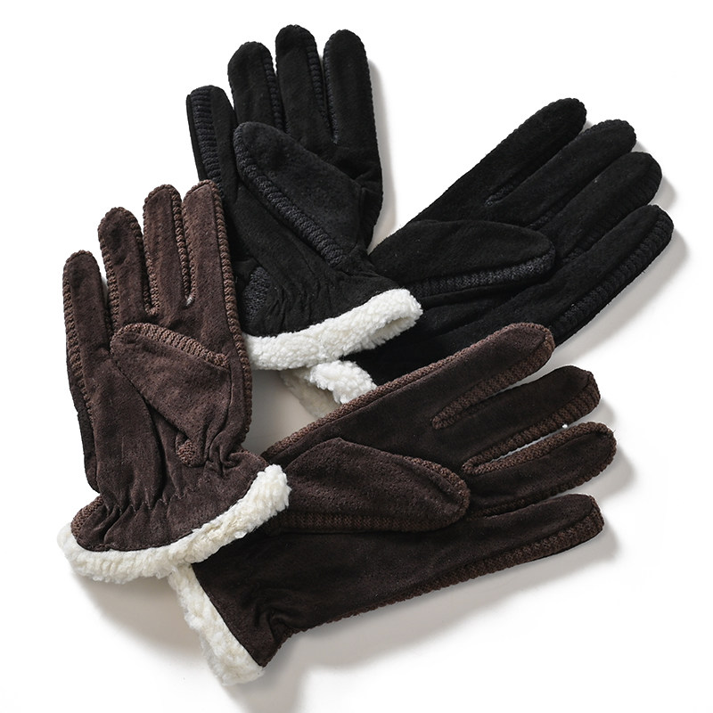 【猪皮材质 外贸原单尾货】男女款秋冬防风保暖加绒纯色五指手套