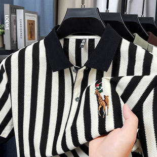 潮 2025新款 夏季 T恤条纹短袖 刺绣宽松身男年轻翻领休闲上衣POLO衫